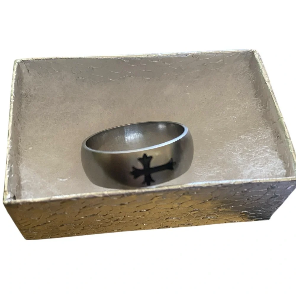 Stainless Steel Cross Ring band polished finish Black Cross Gothic Rock Biker